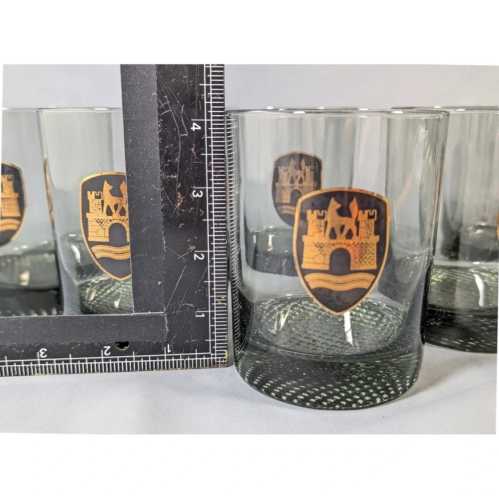 Vintage Smoky Gray Rocks Glasses Set of 6 Gold Heraldic Crest Hobnail Base 4in